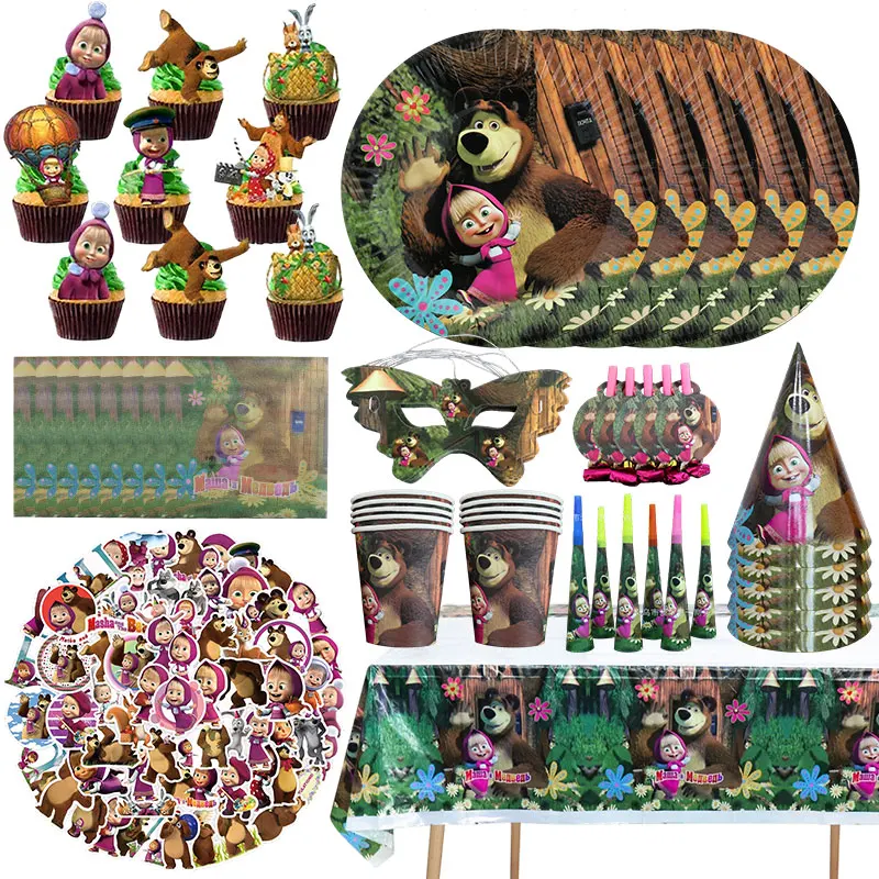 Mascha und der Bär Themen-Geburtstagsparty-Dekorationen Tischgeschirr-Set Hintergrund Tischdecke Ballons Kit Aufkleber Banner Partyzubehör