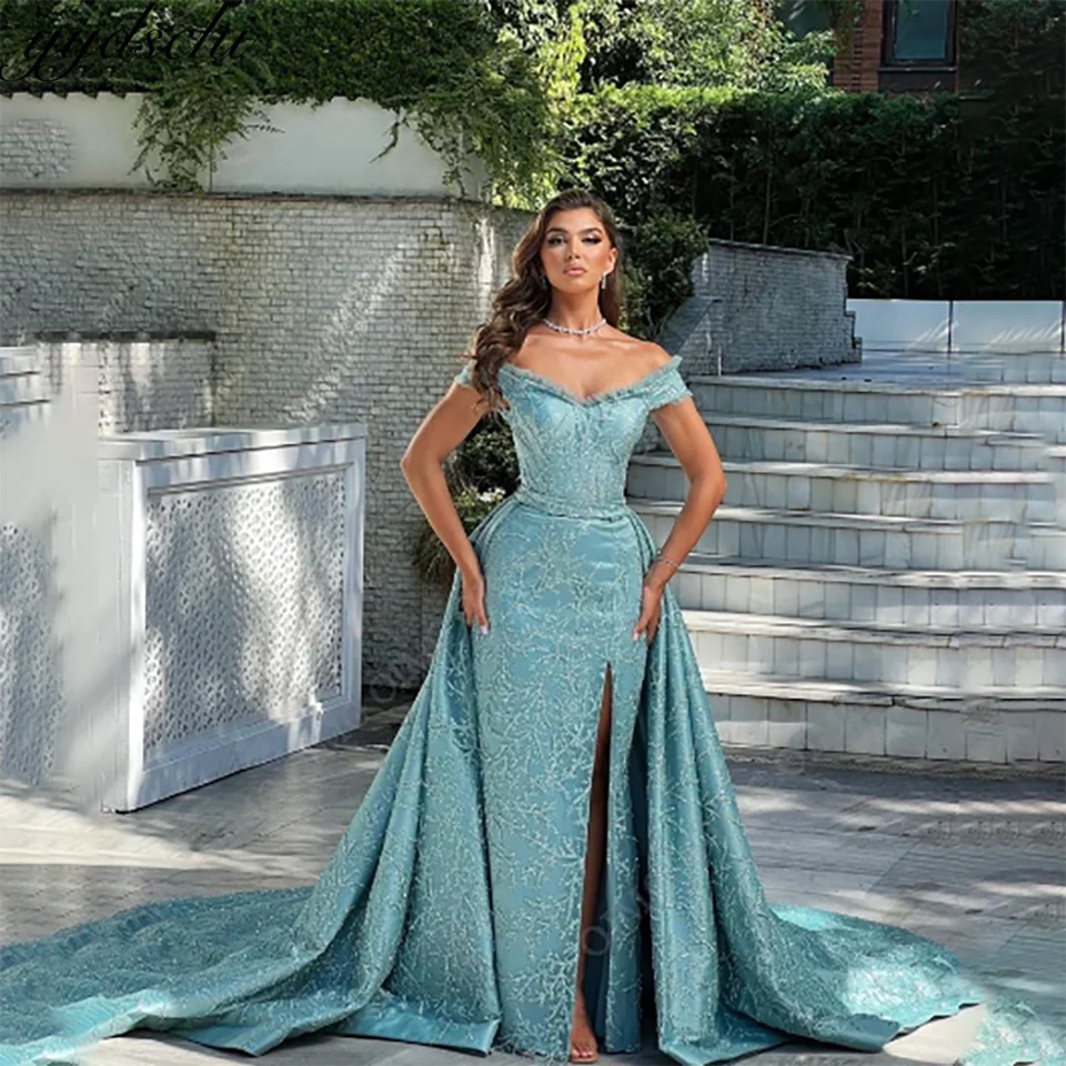 

Customized Elegant Arabic Dubai Side Slit Off The Shoulder Mermaid Formal Evening Wedding Dresses 2025 Ruffles Tulle Bridal Gown