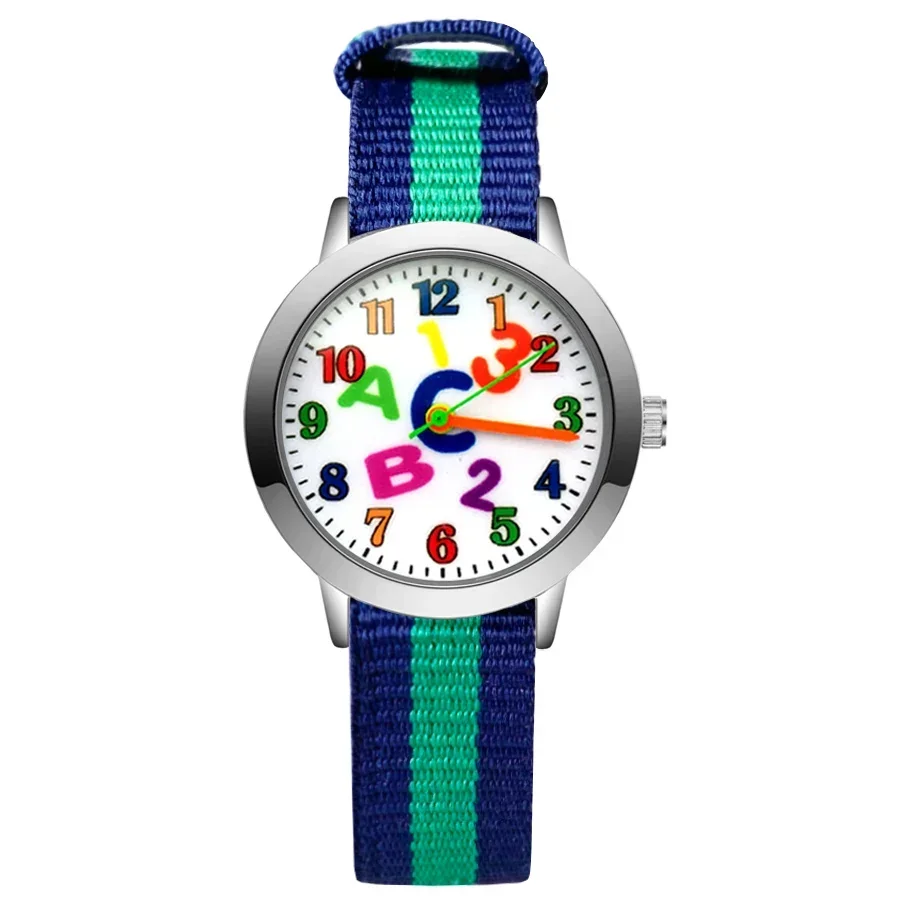 Montre arc-en-ciel en cuir à quartz pour enfants, bracelet en nylon, lettre de dessin animé, marque haut de gamme, vente en gros d'usine, étudiants, filles, garçons