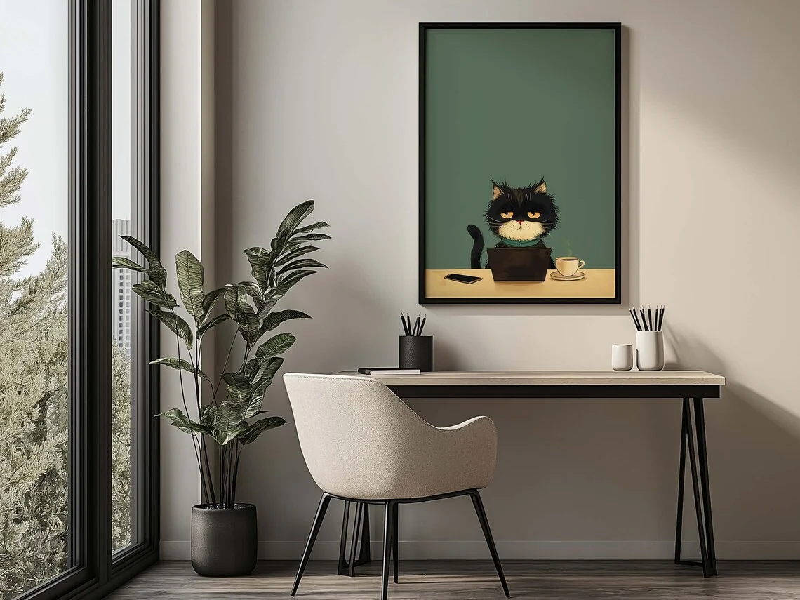 “Whimsical Grumpy Black Cat Wall Art: Cute Feline Working from Home with Laptop & Coffee – Retro-Styled Office/Living Room Decor view 4