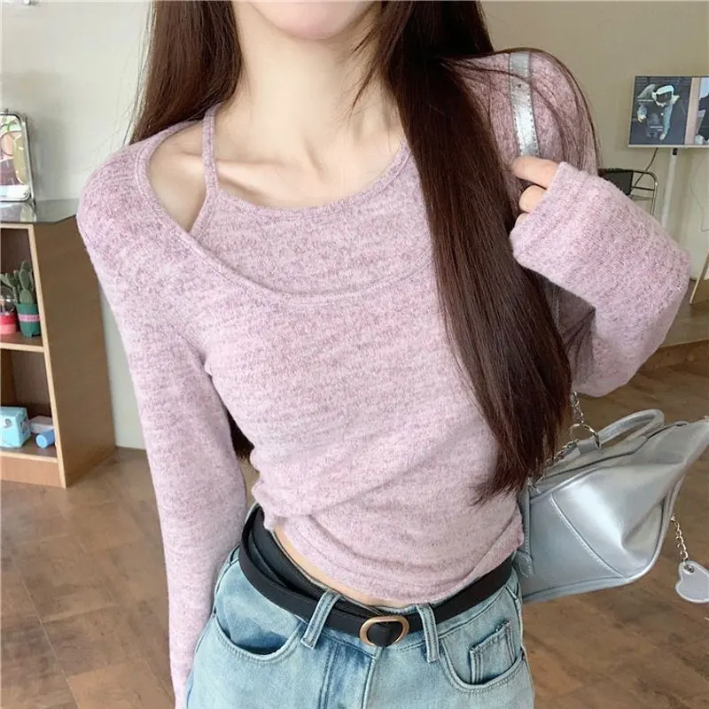 

Fake Two Pieces Halter Pullovers Spring Autumn Spliced Stylish Drawstring Women's Clothing Solid Color Slim Long Sleeve T-shirt