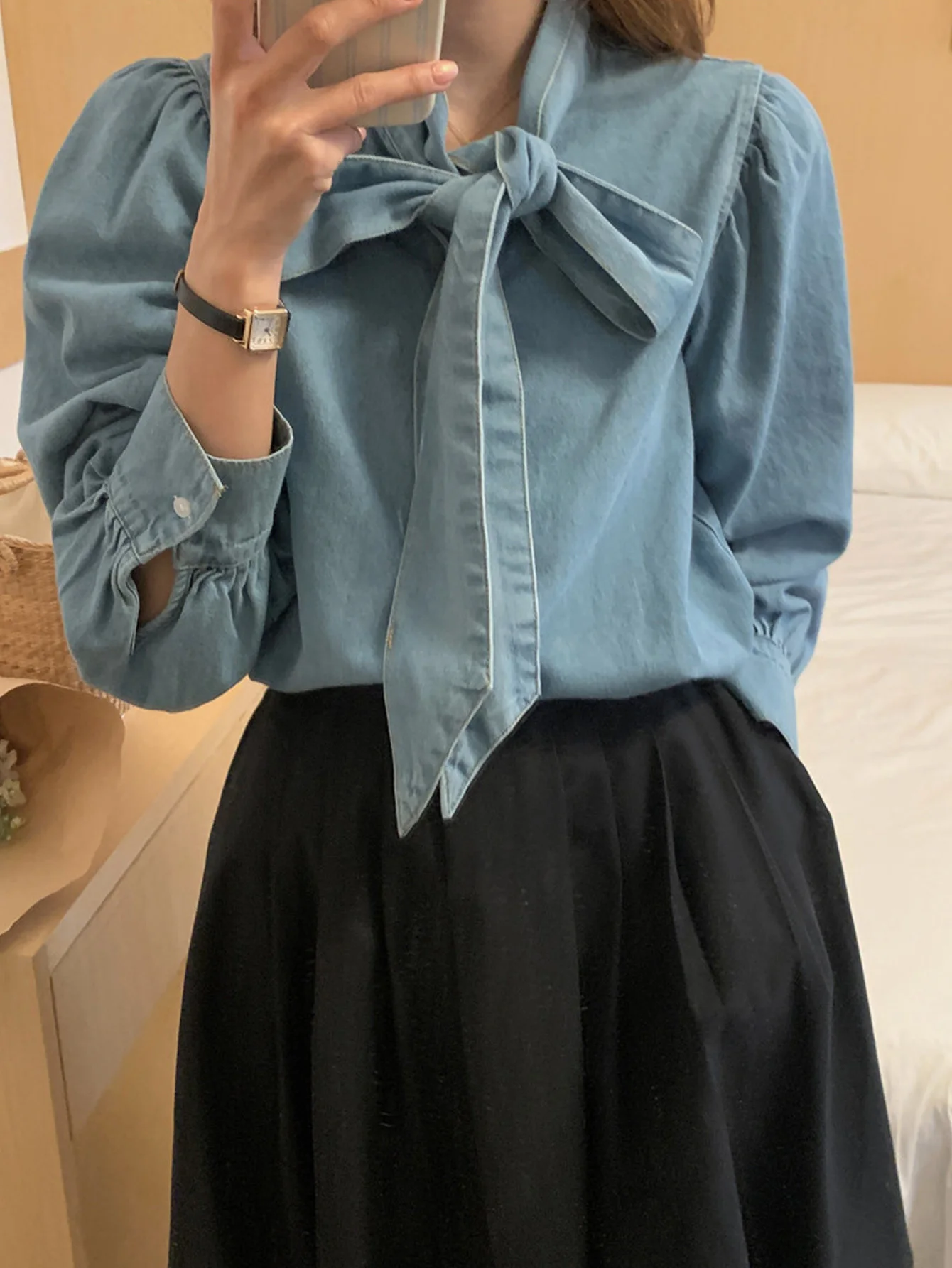 Spring and Autumn Korean Edition French Vintage Bow Tie Long sleeved Denim Shirt