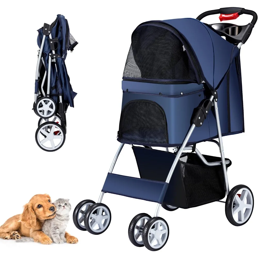 

Pet Stroller 4 Wheels Dog Cat Stroller for Medium Small Dogs Cats, Folding Cat Jogger Stroller with Storage Basket & Breathable