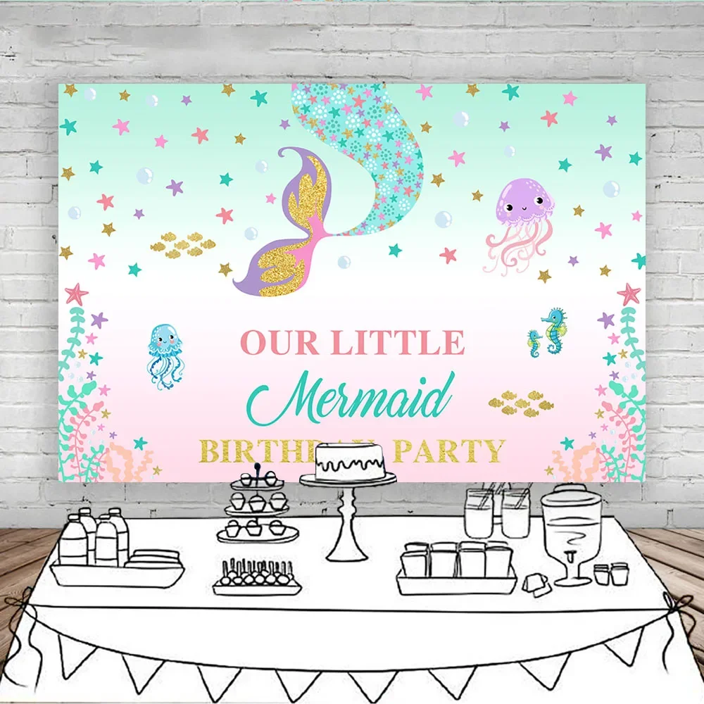 Little Mermaid Birthday Party Photography Backdrop Baby Shower Under The Sea Fish Star Seahorse Backgrounds For Photo Studio