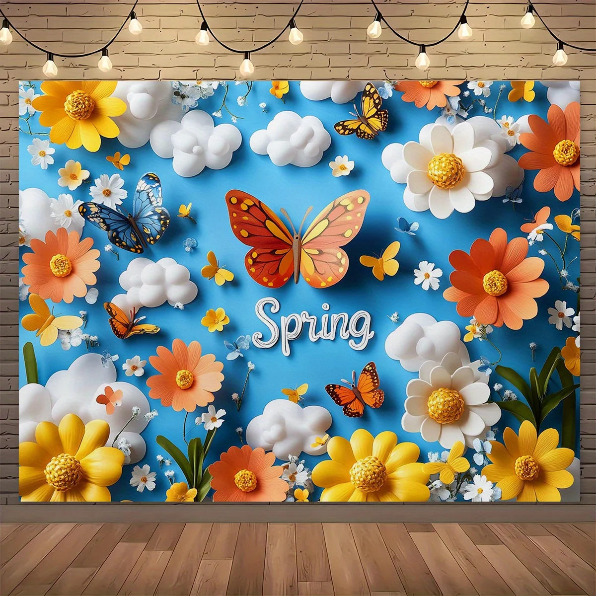1-teiliger Polyester-Frühlingsblumen- und Schmetterlings-Hintergrundstoff, ein lebendiger saisonaler Fotohintergrund, Gartendekoration