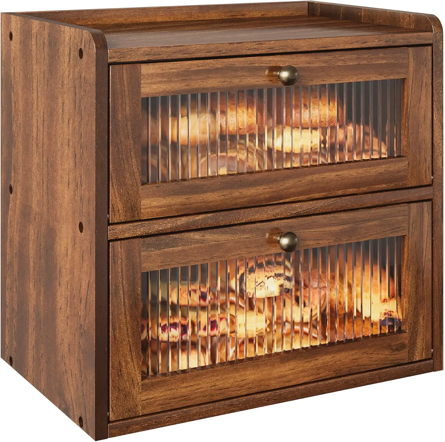 

Double Layer Wooden Bread Box with Acrylic Window, Retro Kitchen Storage Container for Countertop