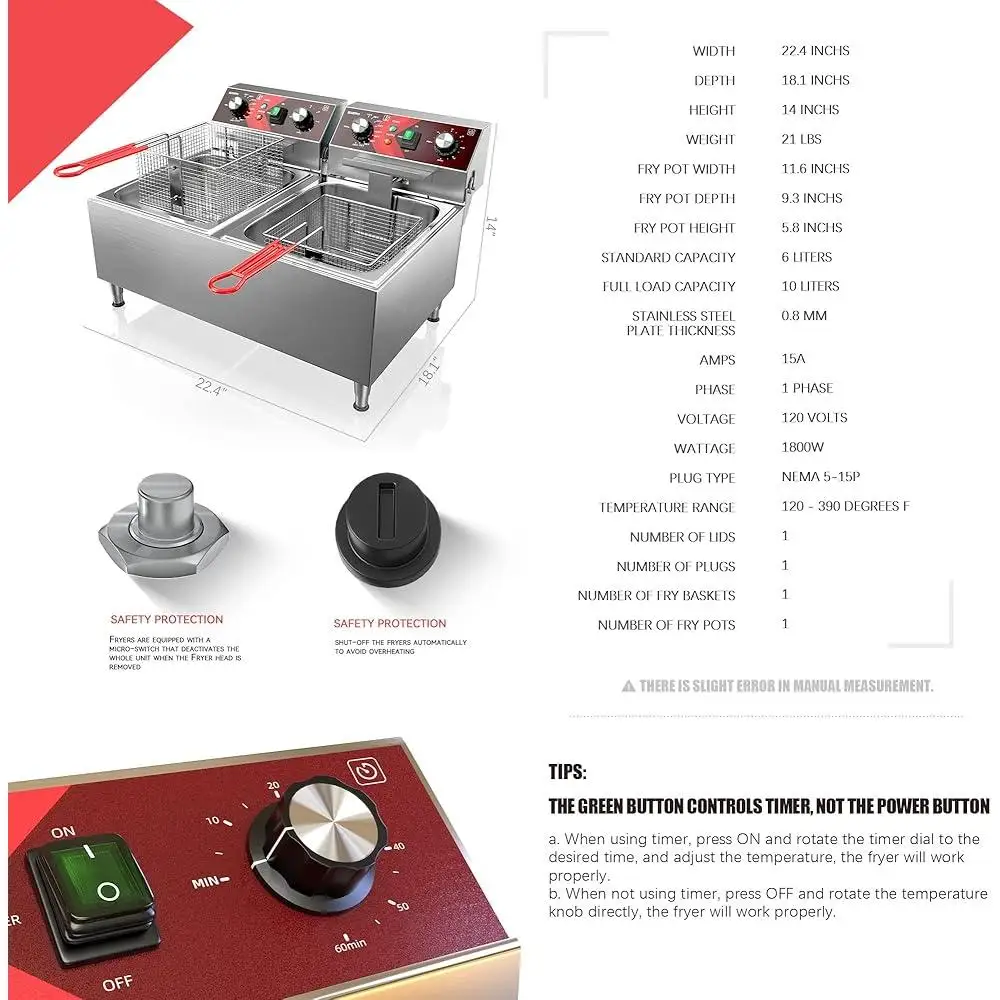 Professional Stainless Steel Deep Fryer Electric 3600W Dual Tank 10L Timer Easy Clean with 2 Baskets