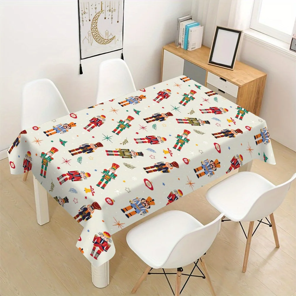 1pc 2D Flat Cream Nutcracker Soldier Printed Tablecloth, Decorative Table Cover for Dining Table, Home Decor