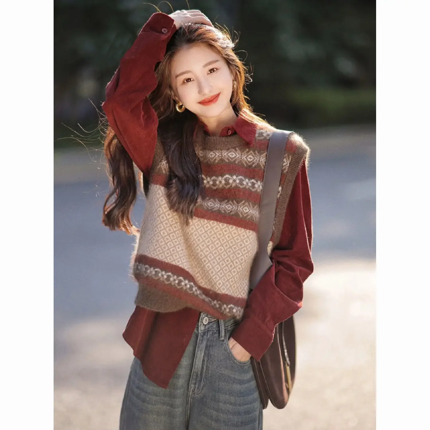 Elegant Retro Sweater Vest for Women, Knitted Sleeveless Top with Corduroy Shirt Two-Piece Set Autumn and Winter Women Clothing