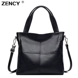 ZENCY 100% Full Grain Genuine Leather Women Black White Shoulder Bags Handbag Female Top Handle Strip Messenger Cowhide Purse