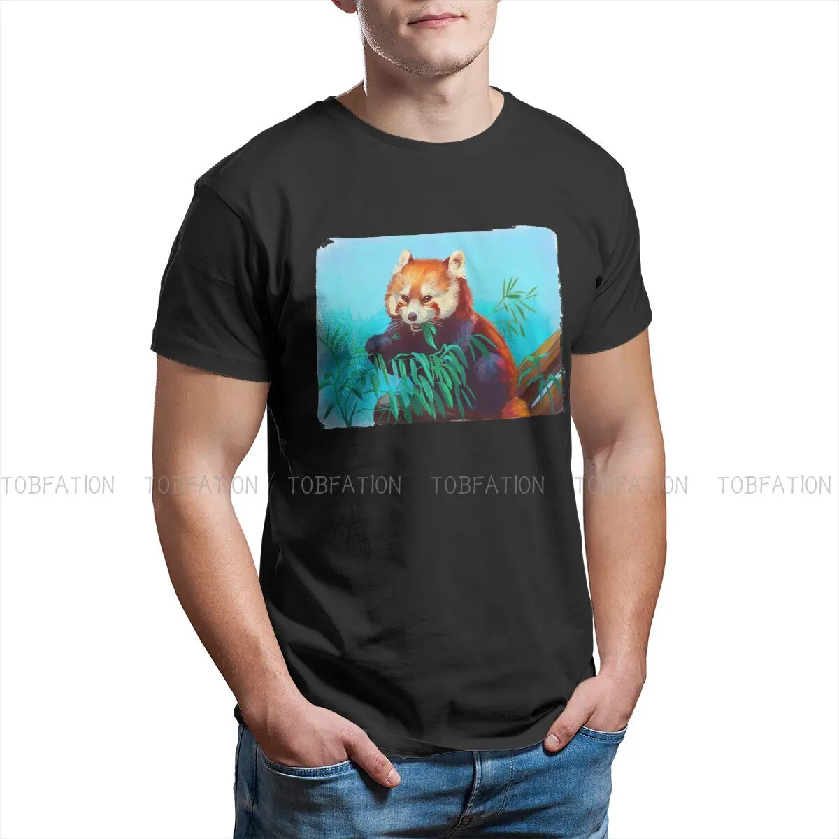 Eat Leaves  Round Collar TShirt Red Panda Golden Panda Endangered Mammals Pure Cotton Classic T Shirt Man's Tops New Design