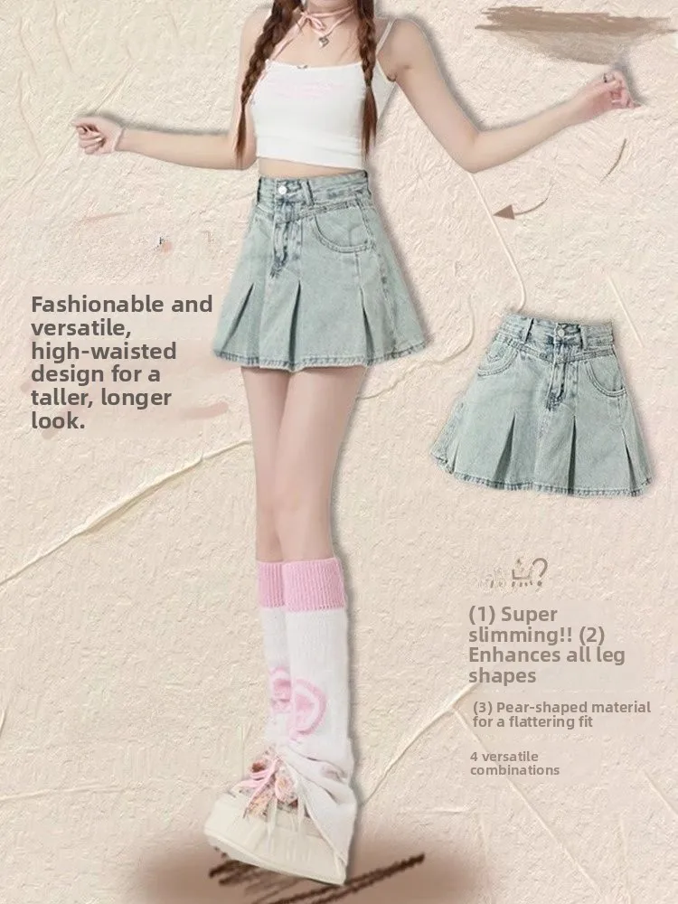 

Ретро-юбка из денима в американском стиле, светло-голубая, с высокой талией, женская, короткая, плиссированная, утягивающая, летняя, модная тенденция