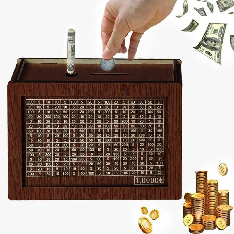 Caja de ahorro de dinero de madera, alcancía reutilizable, contenedor de dinero para caja de monedas en efectivo de 1000/2000/3000/5000/10000 euros