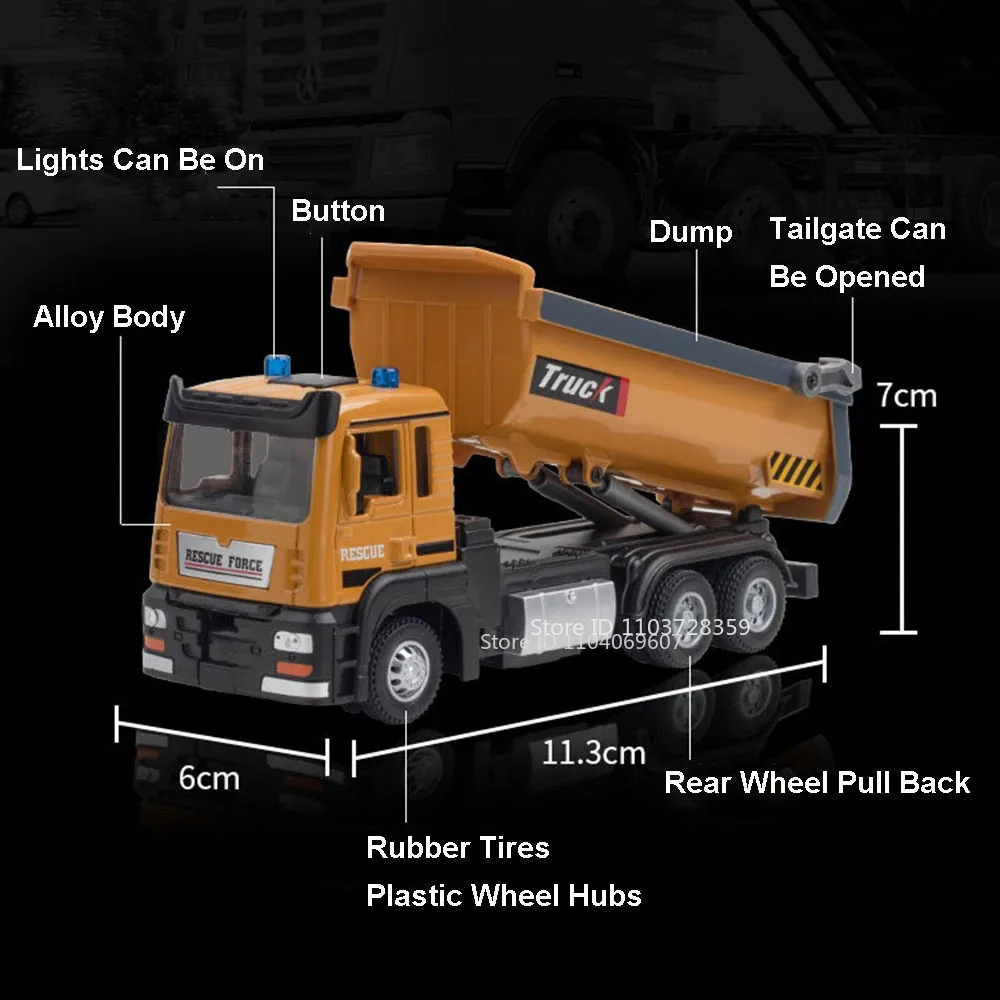 1:32 Alloy Dump Truck Toy Models Metal Diecast Flat Trailer Engineering Vehicles Sound Light Pull Back Rubber Tires Boys Gifts
