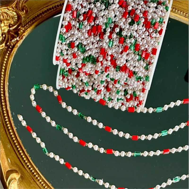 10 Yards/Lot New Xmas Red Green Crystal Pearl Link Chains DIY Jewelry Making for Bracelet Necklace Garment Christmas Decoration