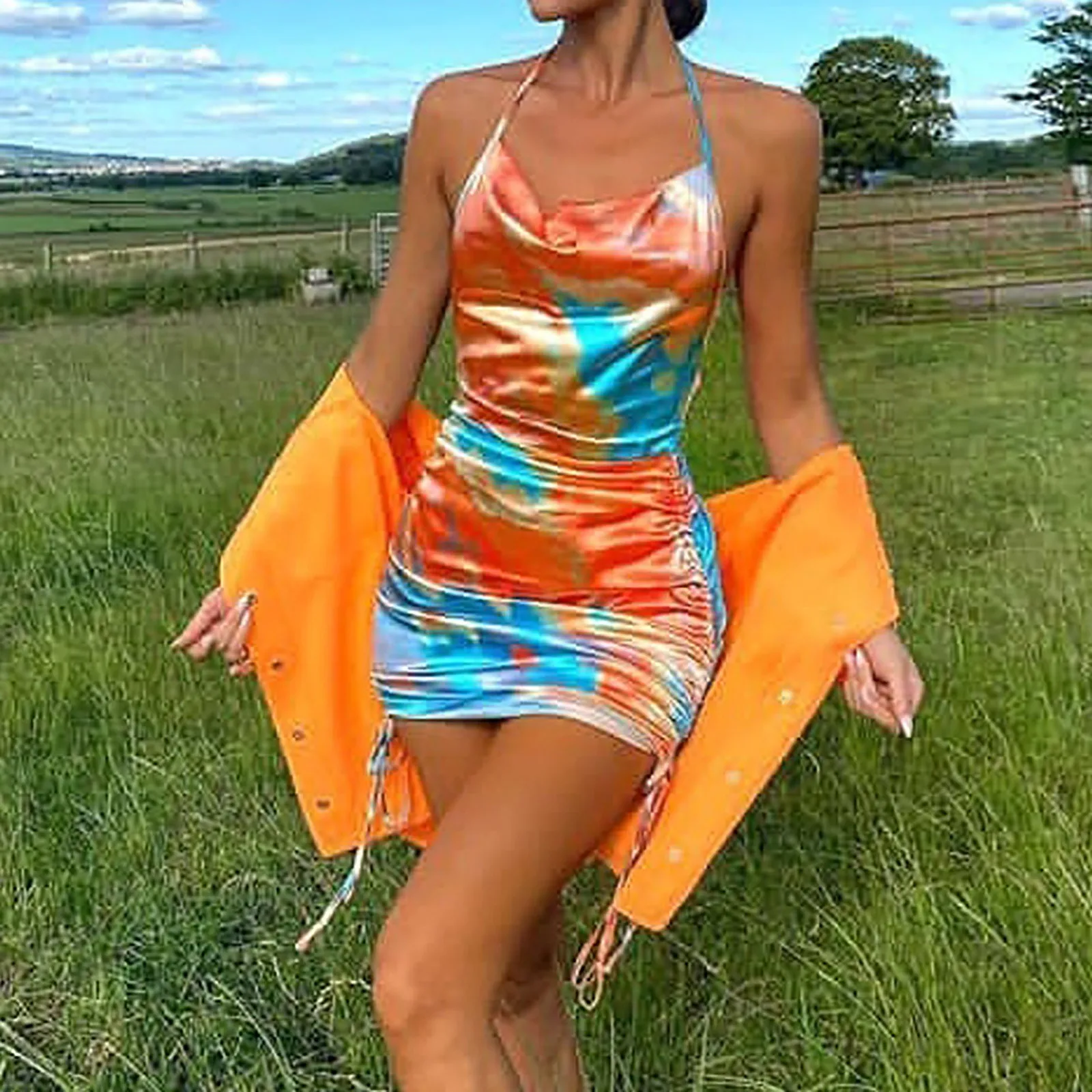 

Dress Women's New Style Vestidos New Sexy Tie-dye Pleated Satin Sling Strap Party Dress 2022 Spring / Summer Elegant Club Dress