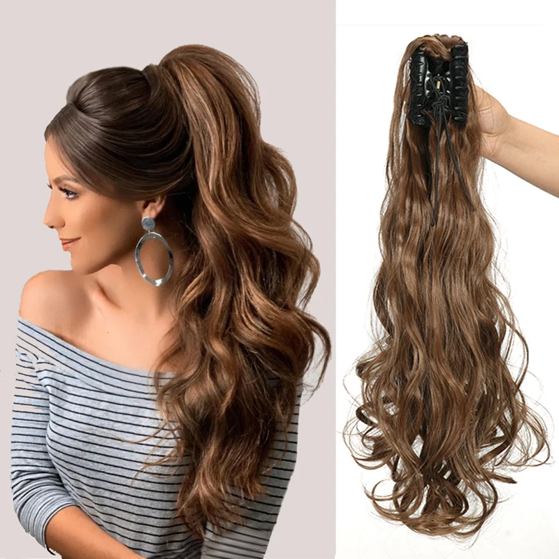 Extensión de cabello de cola de caballo sintética, extensiones de cola de caballo falsa ondulada corta y rizada, Clip Natural, postizo de cola de caballo para mujer, 22 pulgadas