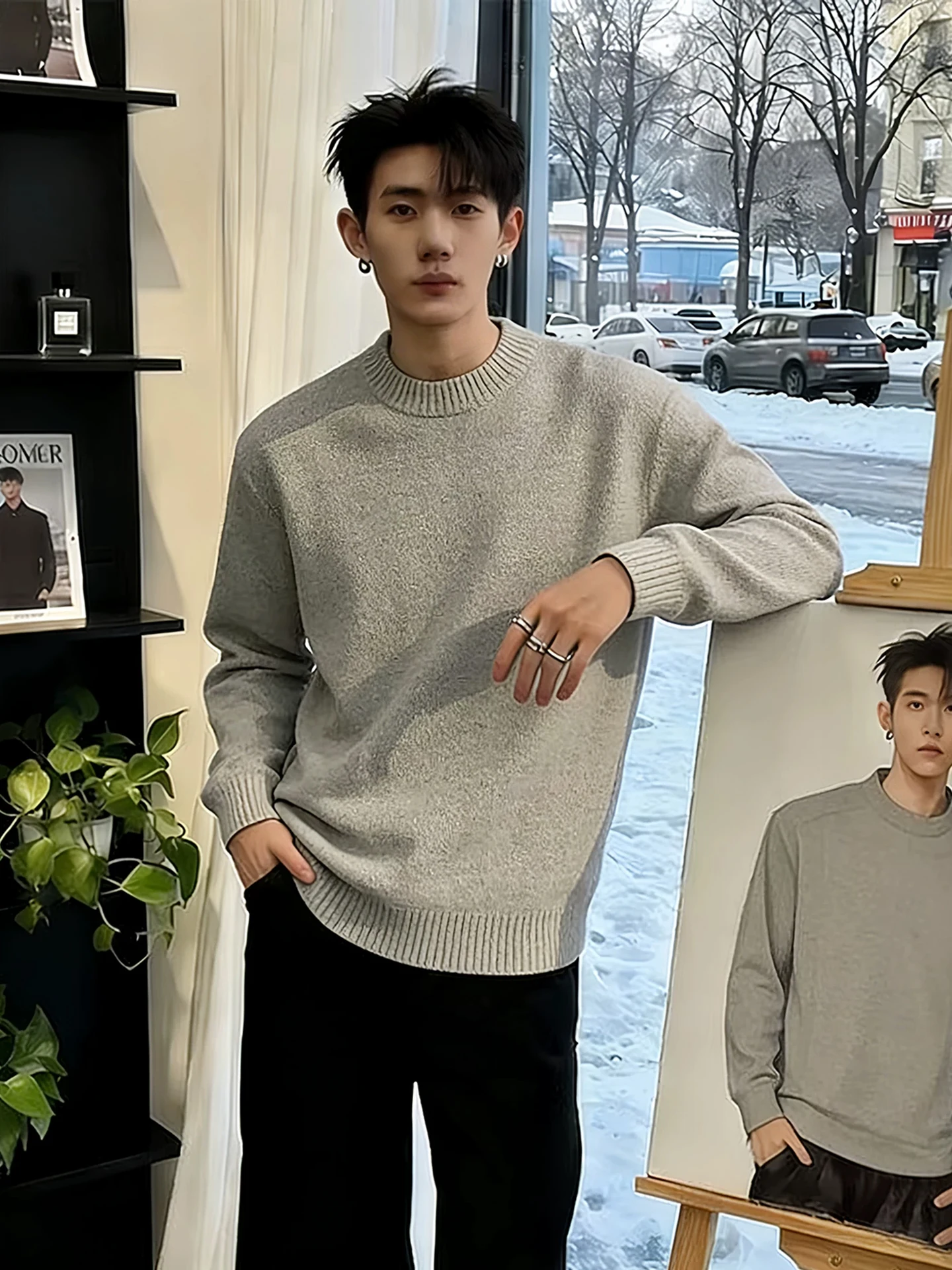 

Легкий американский трикотажный свитер с круглым вырезом и подкладкой для мужчин, повседневный, свободного кроя, зимний базовый слой, удобный вязаный...