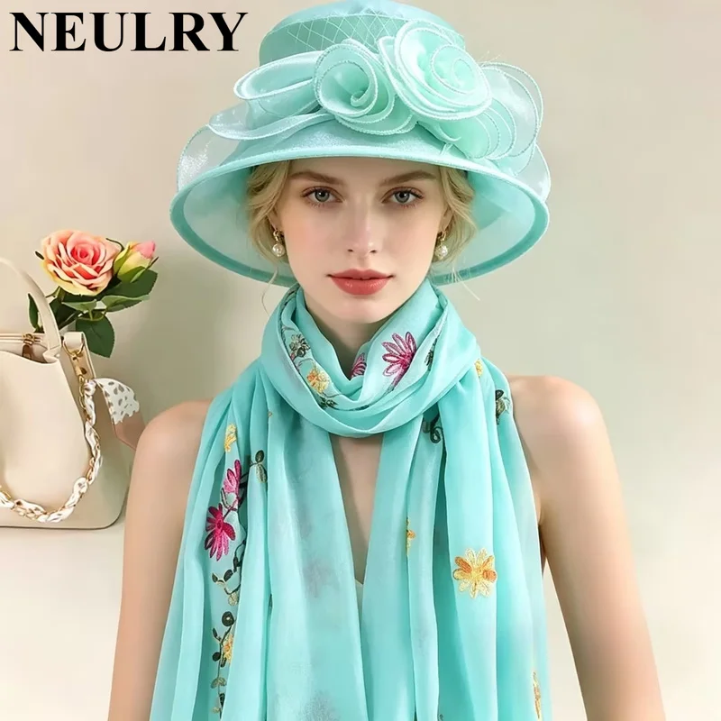 2pcs Floral Mesh Hat And Embroidered Shawl Set Summer Wide Brim Rose Bucket Cap Organza Outdoor Sun Beach Linen Scarf