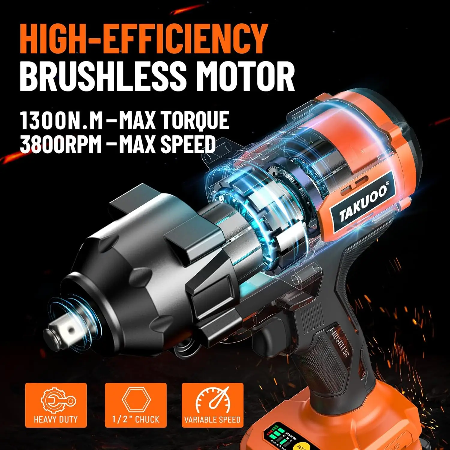 1300N.M(960Ft-Lbs) Cordless Impact Wrench High Torque, 1/2