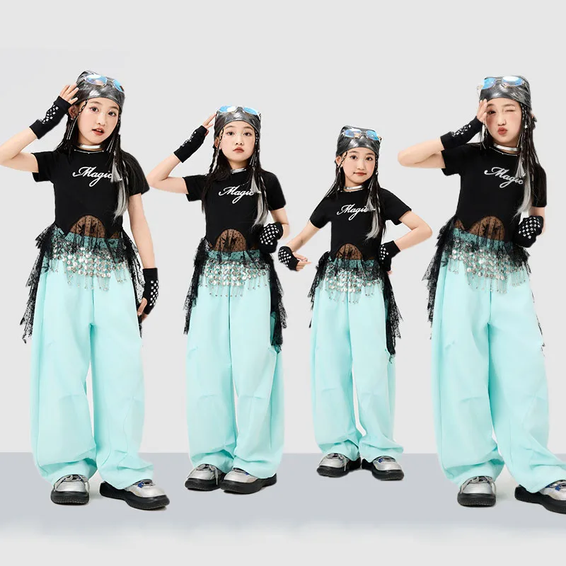 

Kid Kpop Hip Hop Clothing Black Stoned Lace Hem Crop T Shirt Blue Casual Wide Parachute Pants for Girls Dance Costumes Clothes