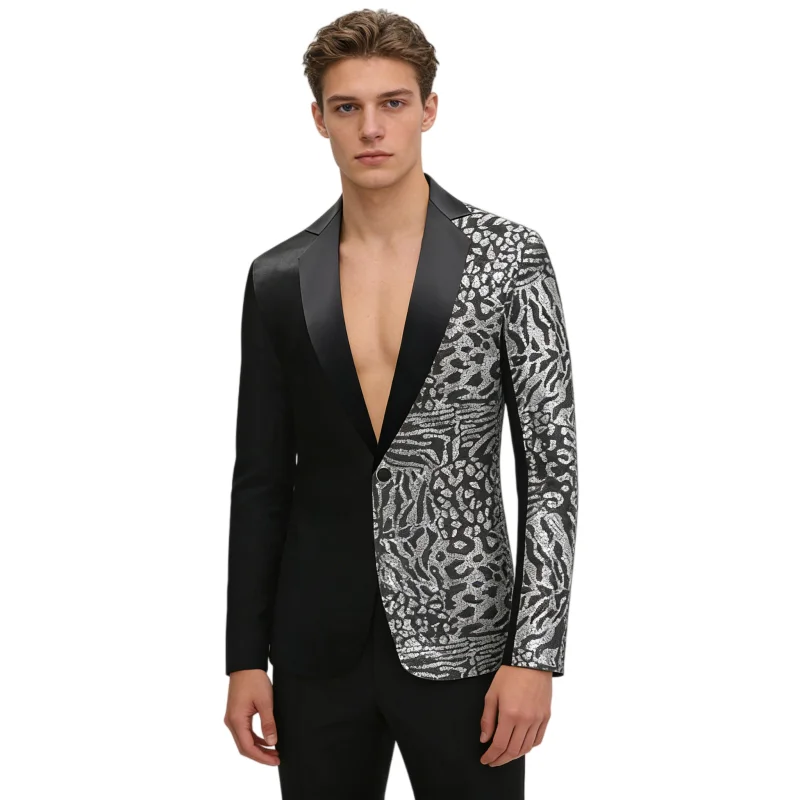 

Men's Leopard Sequins Blazer Single Button Shawl Collar Tuxedo Suit Jacket Singer Bar Stage Performance Evening Banquet Party