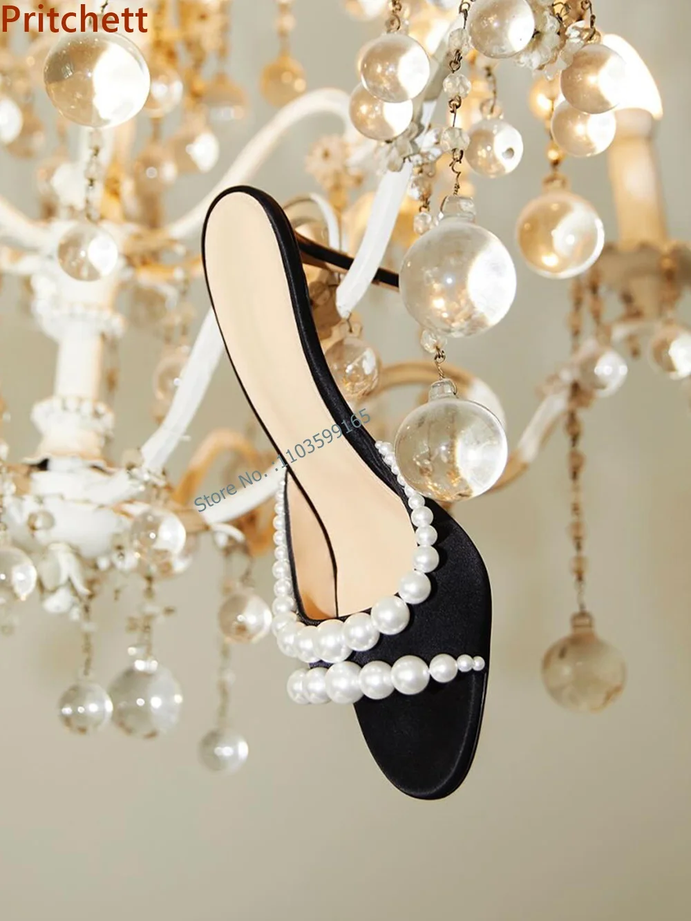 Pearl Peep Toe Slippers Thin Heels Slip On Solid Black White Outdoor Shoes Party Runway Elegant Shoes 2024 Newest Fashion