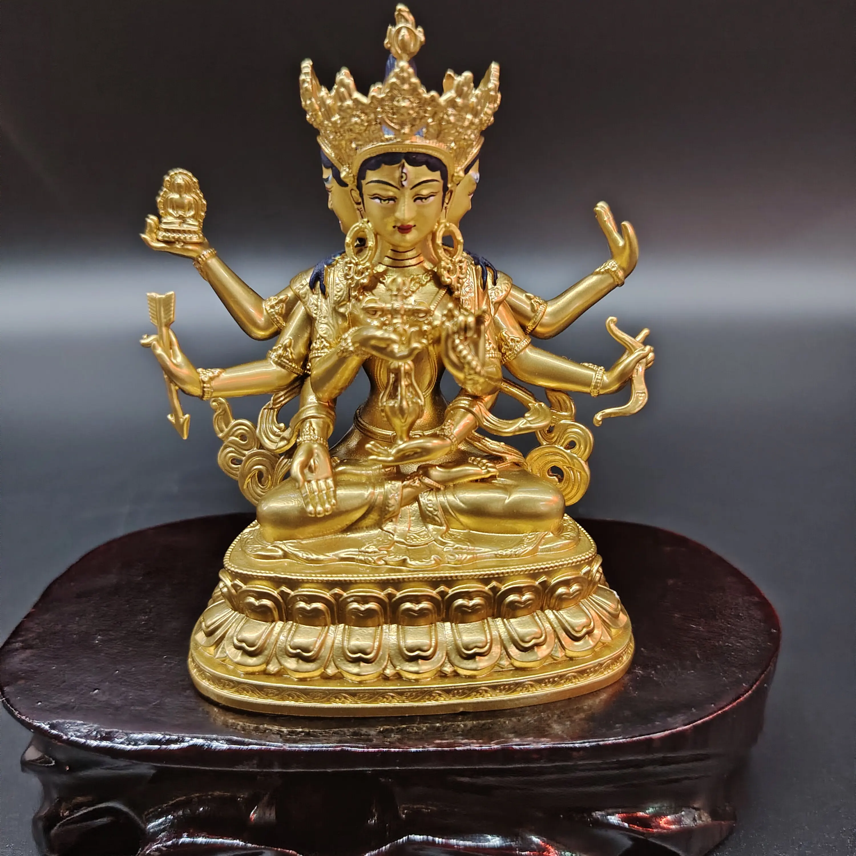 Tibetan Fine Gilded Painted Face Ushnishavijaya Long-Life Goddess Statue 10cm Home Altar Car Blessing