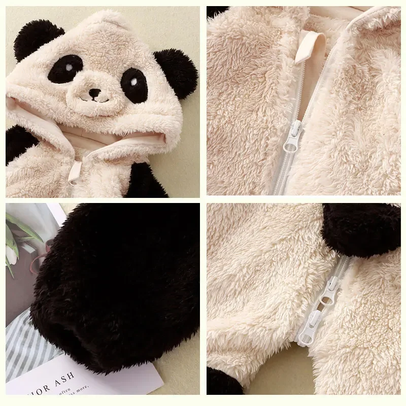 Cute Cartoon Newborn Baby Jumpsuits Thick Warm Winter Baby Rompers Soft Fleece Panda Hooded Bodysuits for Infant Toddler