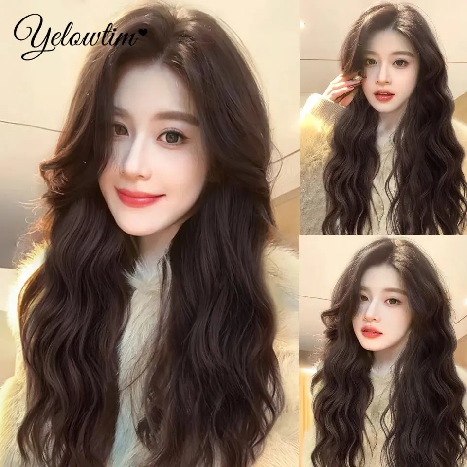 YELOWTI  Popular Brown Ash Long Deep Wave Hair Lolita Wigs With Bangs Synthetic Wig For Women Fashion Thick Curls Wigs Girl