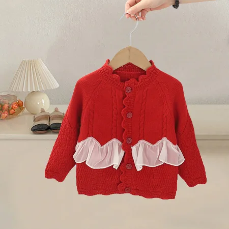 Girl Spring and Autumn Coat Baby Sweater Cardigan 2024 Korean Version Little Girl Outside Knitting Lace Early Autumn Sweater