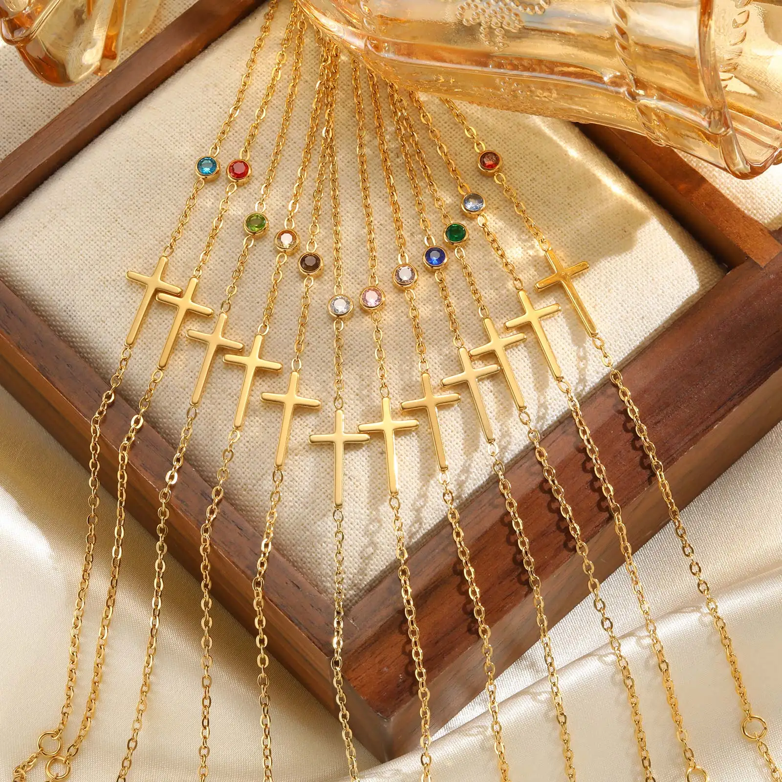 Roestvrij stalen kruis twaalf geboortesteen armband dames verstelbare zirkoon charme ultradunne ketting armbanden sieraden feestgeschenken