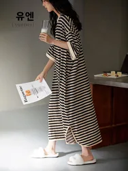 Pure Cotton Summer Casual Women's Spwear ort Sve Long Dr Home Clothes Large Size Striped Outdoor Wearable Nightgown
