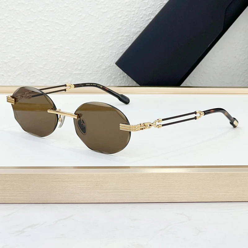 

Luxury Oval Rimless Sunglasses 50160 Alloy Acetate Fashion Brand UV400 Vintage Glasses with Case Design Men Women High Quality