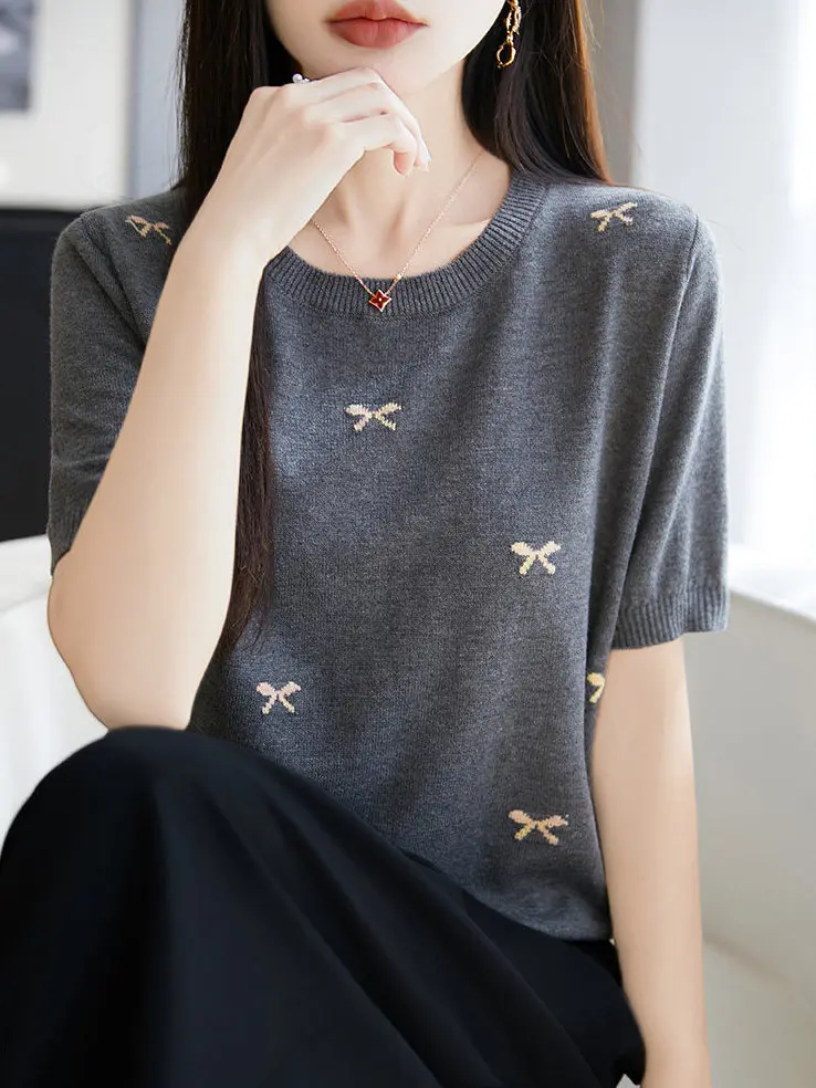 

Elegant Short Sleeve Knitted Top Women's Lightweight Summer Trendy Embroidered Slim Fit T-Shirt Stylish Versatile round Neck ...