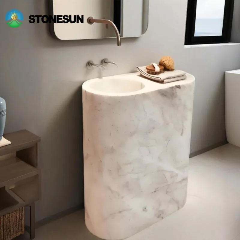 StoneSun Marble Freestanding Basin Stone Round Pedestal Basin Sink Rectangular For Home Bathroom Hotel Sink Polished And Mounted
