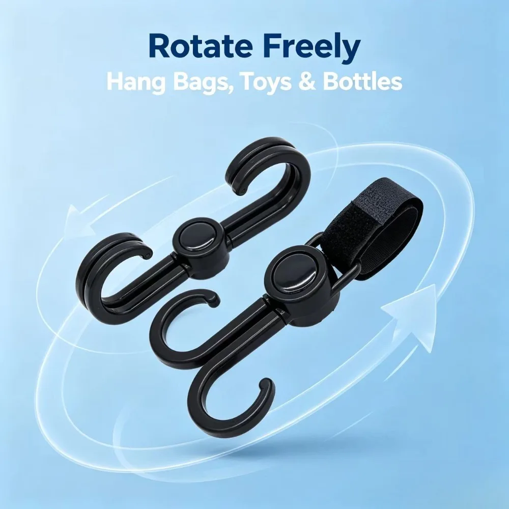 Ganchos para cochecito de bebé, ganchos para carrito de compras, accesorios para cochecito de bebé, gancho giratorio de 360 ​​grados, organizador de bolsas, colgador (2 uds)