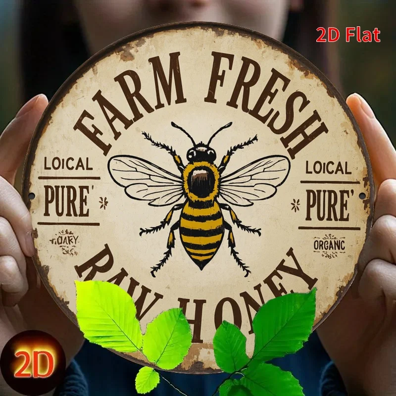 [2D Flat] Rundes Vintage-Eisenschild – „Farm Fresh Honey“ mit rustikalem Bienen-Design, Landhausdekoration für Zuhause, Küche, Garten, Büro,