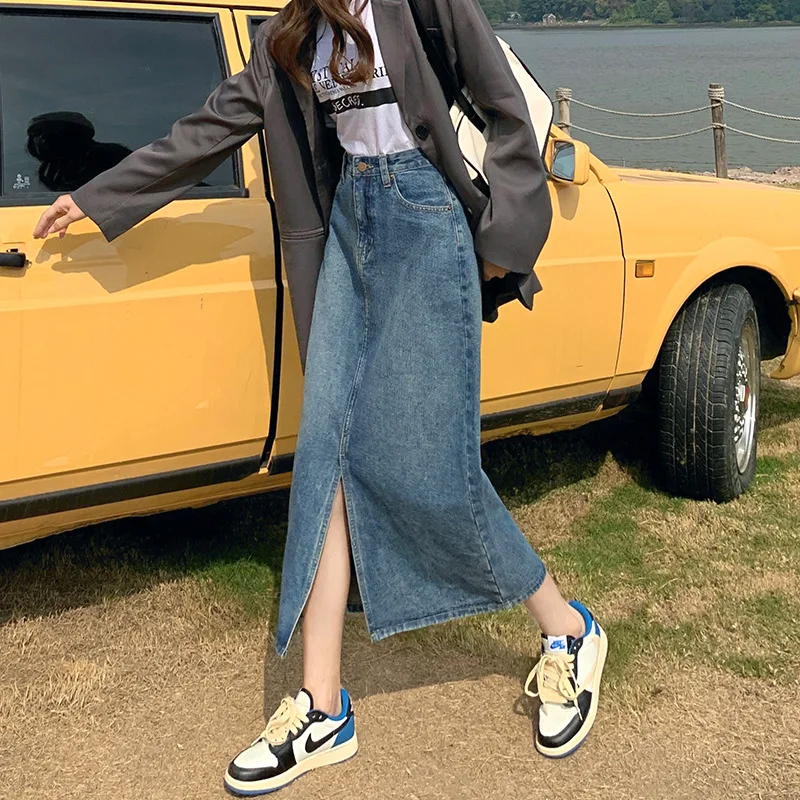 ヴィンテージ レディース スプリット ミディスカート ポケット付き ハイウエスト スリム Aライン デニム ハーフスカート 女性用