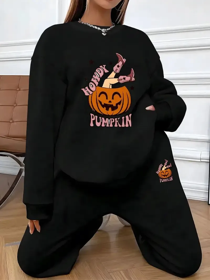 Halloween pumpkin girls printed sportswear 2-piece set, women's crewneck hoodie and sweatpants set comfortable women's clothes