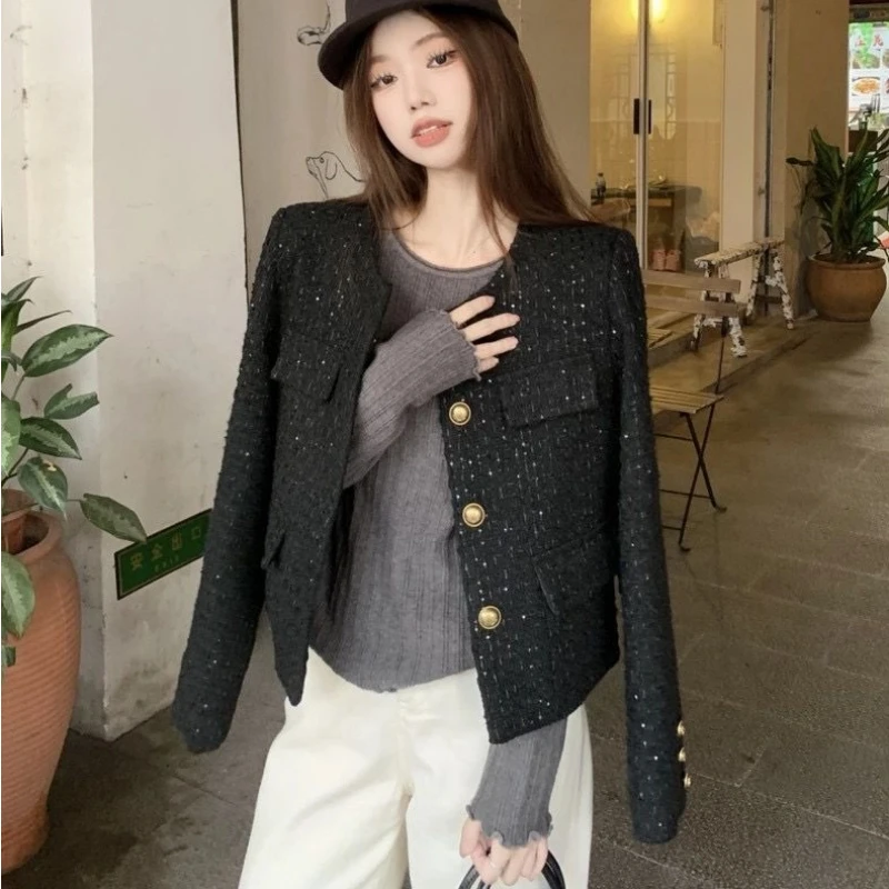 Vintage Button Long Sleeve Short Jacket Spring Autumn All-match Fashion Sequined Loose Tops Elegant High Street Women Clothing