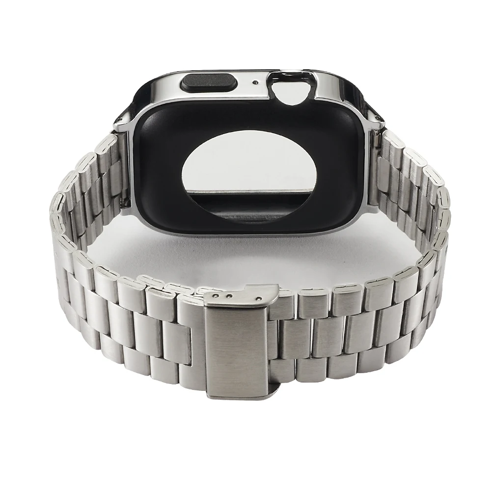 Compati Apple Watch 44MM/45MM Series 9/8/S7/6/5/4 Band with metal Protection Case protective Stainless Steel strap Replacement