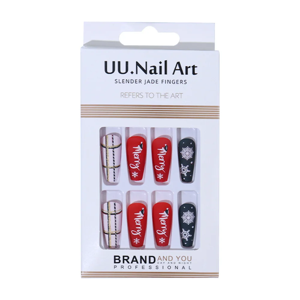 24 قطعة من الأظافر المزيفة المتوسطة الطول لحفلة عيد الميلاد، أطراف اللوز المربعة لعيد الميلاد، هدية ندفة الثلج، اضغط على مجموعة فنية للأظافر الصناعية #5