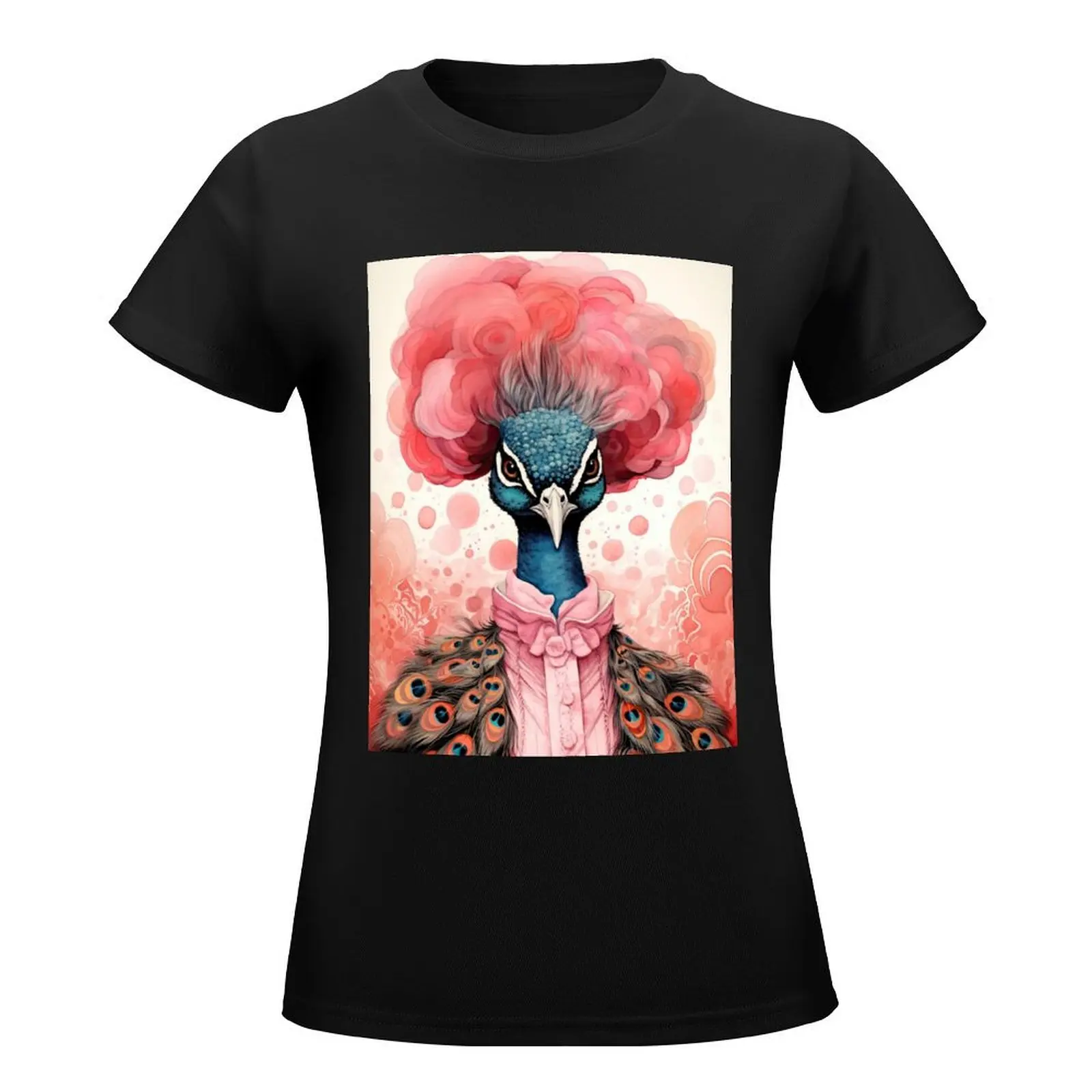 Elegant Anthropomorphic Peacock Lady Portrait Animal Fashion Art Print T-Shirt funny heavyweights cute tops t shirts for Women