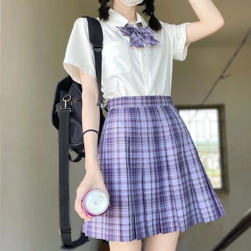 Menina da escola jk uniforme plissado saias uniforme da escola japonesa cintura alta xadrez saia sexy uniformes seifuku para a mulher conjunto completo