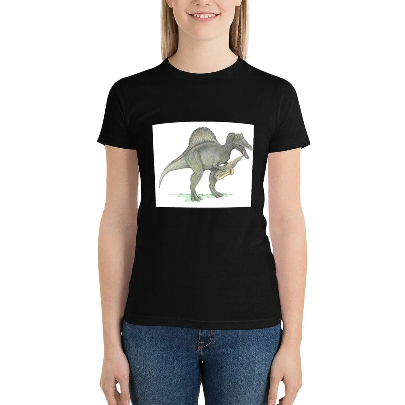 

Spinosaurus with Alto Sax T-Shirt lady clothes tees female kawaii clothes oversized workout shirts for Women