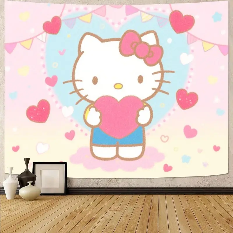 

1 шт. Sanrio Hello Kitty Love Heart гобелен розовый синий кавайный полиэстер настенное искусство для девочки, спальни, гостиной, общежития, декор, подарок