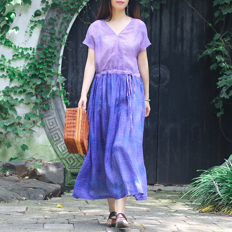 

Nian Jiang Nan Retro Patchwork Flax Dr Women Summer Loose Dstring Waist Slimming Cotton Linen Long Skirt V-ne A-line