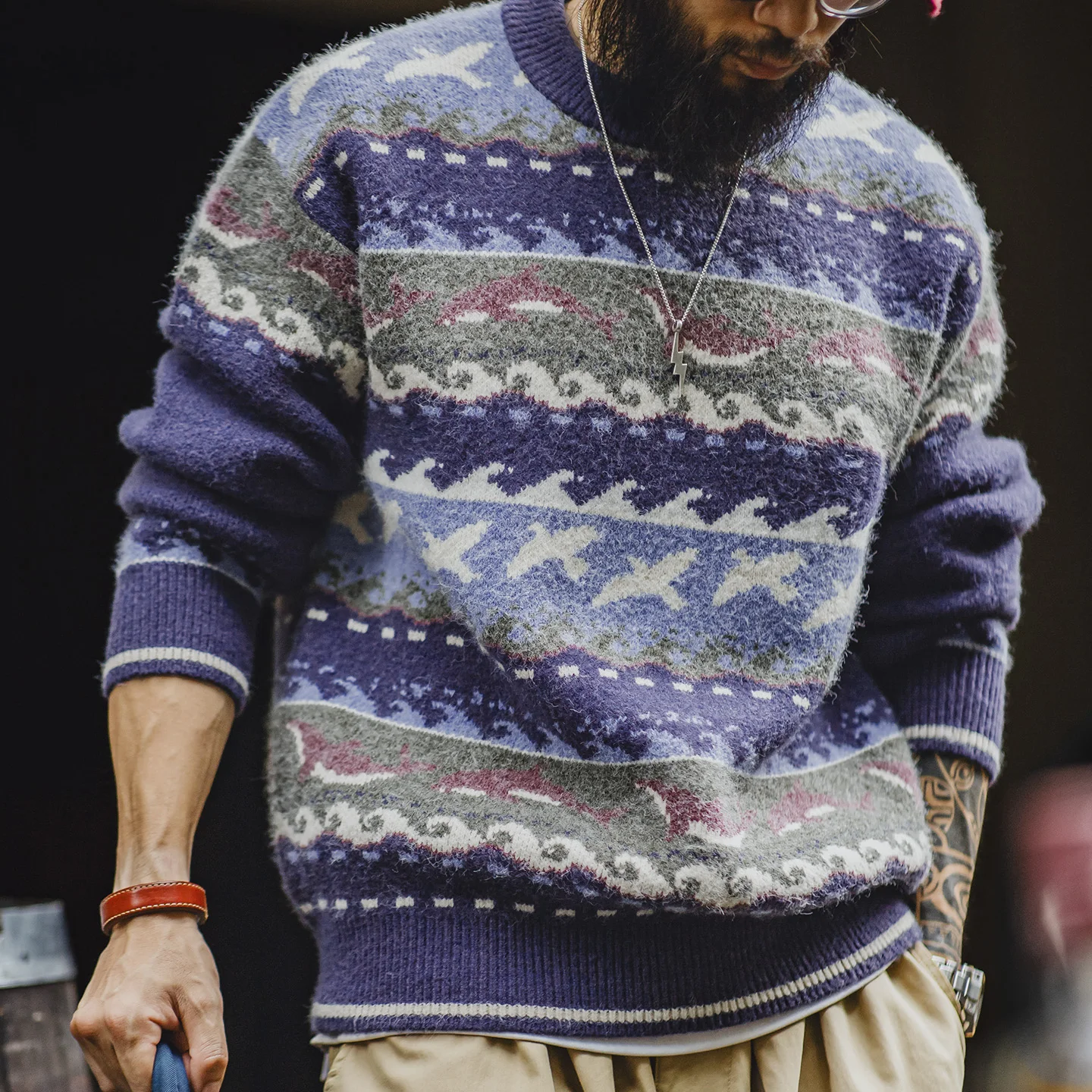 

Винтажный мужской свитер Maden Fair Isle с круглым вырезом, свободный крой, пуловер, мягкий термотрикотаж, топы на осень-зиму, универсальный