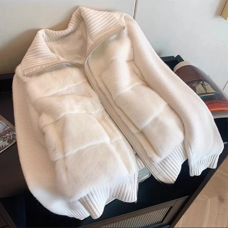 

Зимняя женская вязаная кожаная хлопковая куртка на меху, элитная верхняя одежда, маленькое женское пальто Fraance